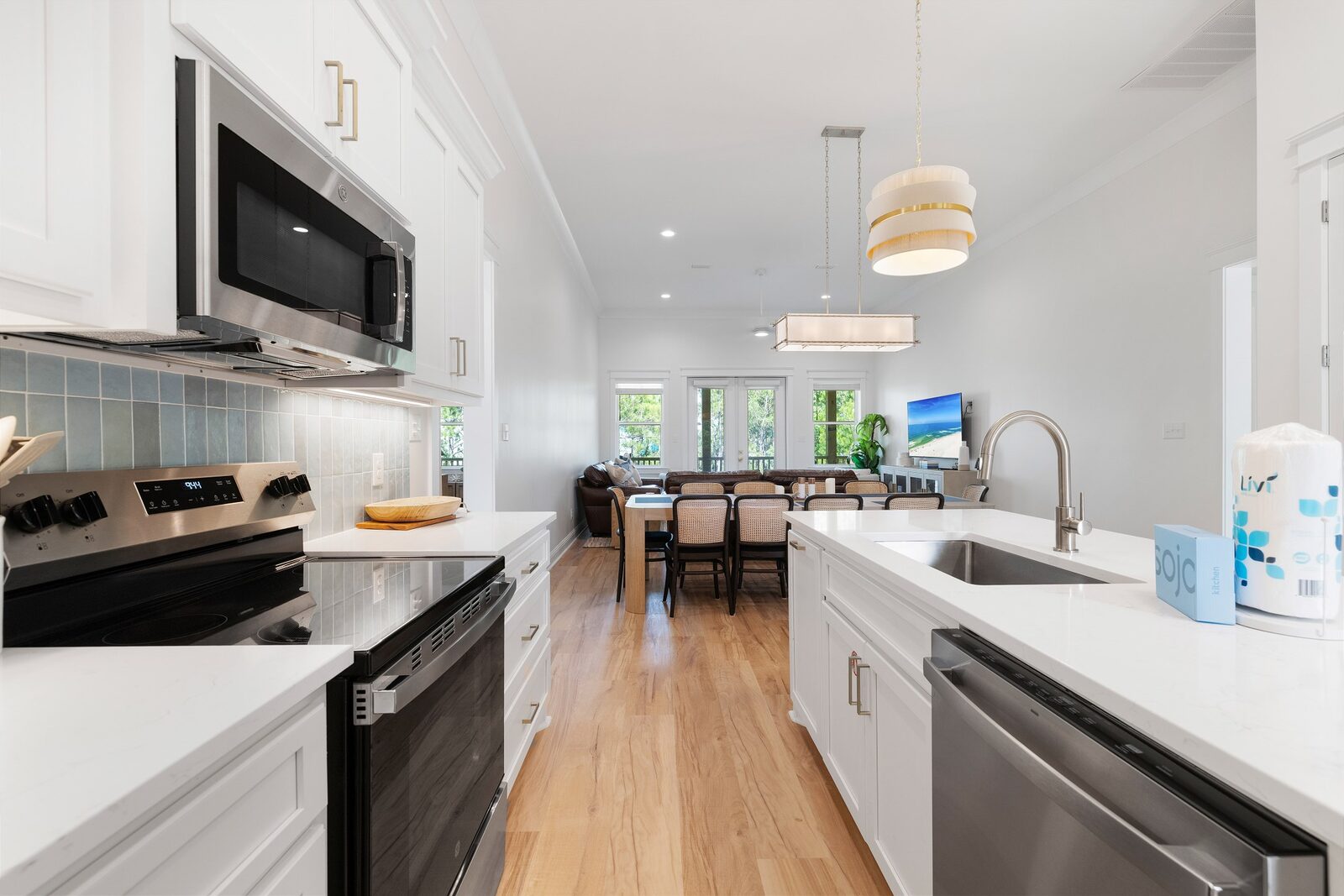 Kitchen with island and pendant lighting